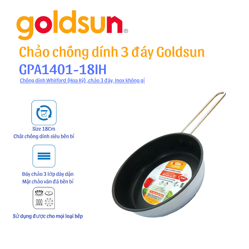 Chảo inox chống dính Goldsun GPA1401-18IH - Hàng chính hãng