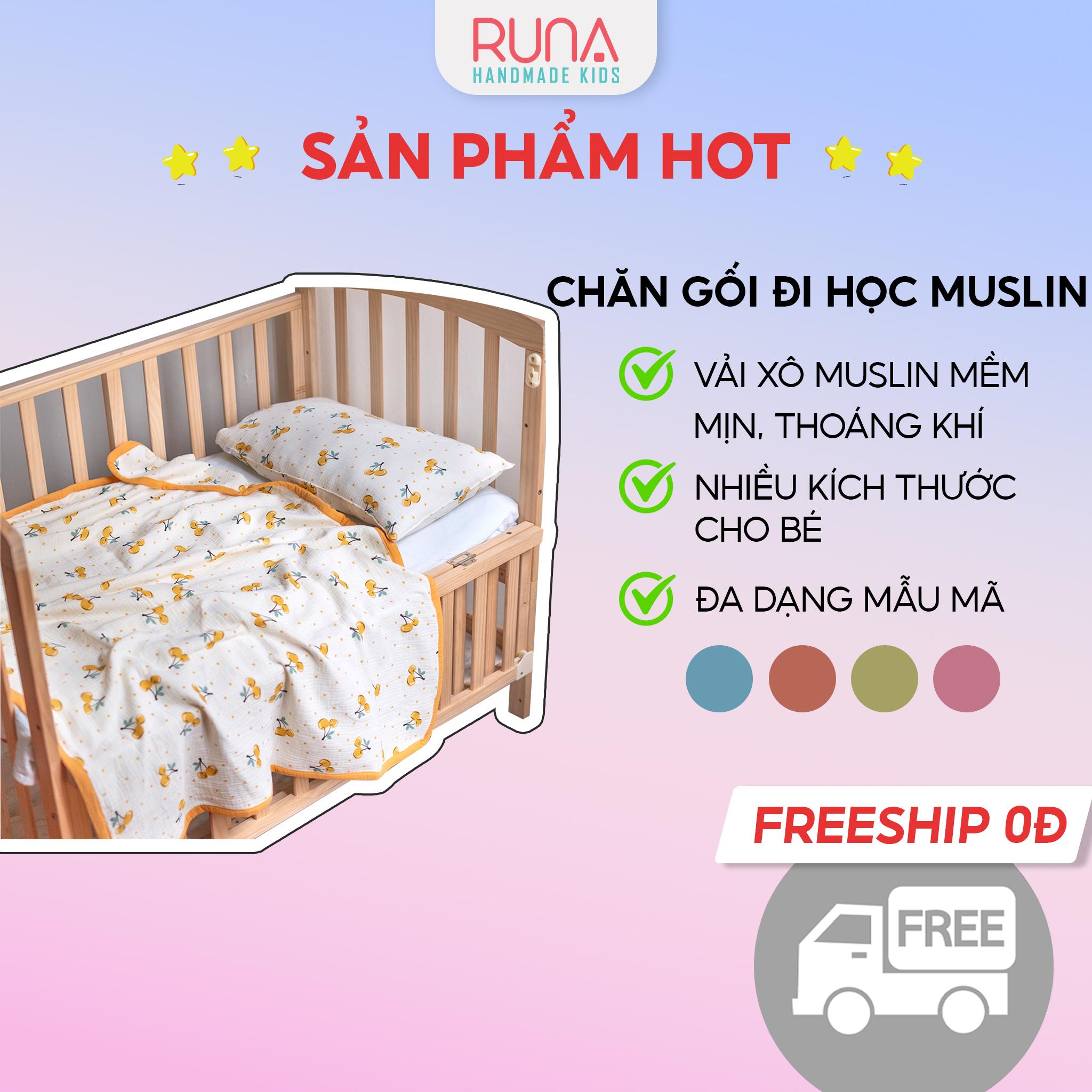 Chăn gối đi học mùa hè cho bé Runa Kids chất liệu vải xô Muslin cao cấp mềm mịn, thoáng khí, họa tiết dễ thương