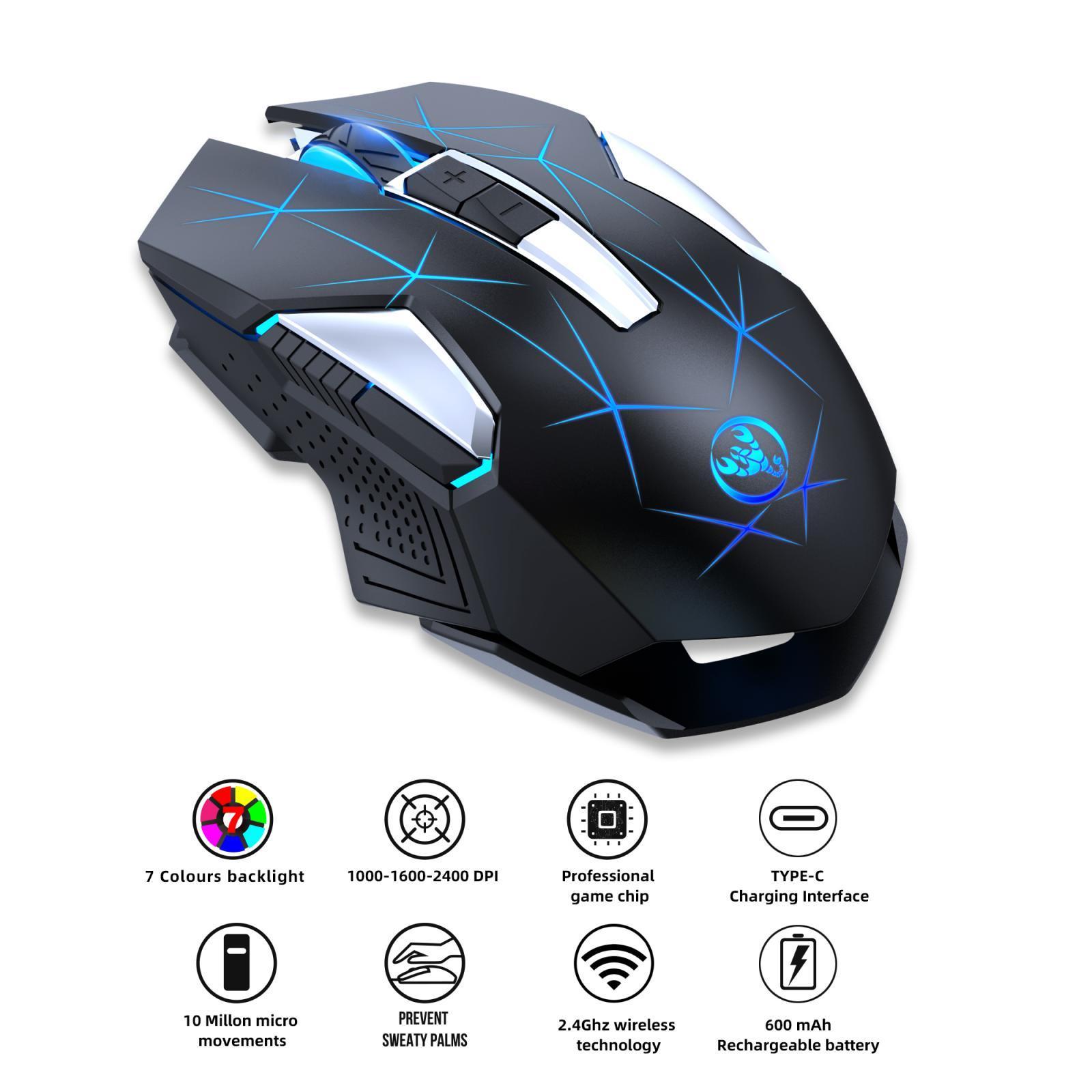 2.4G Wireless Mouse Gaming Mice 3 Adjustable DPI Levels 2400DPI Rechargeable for PC Desktop