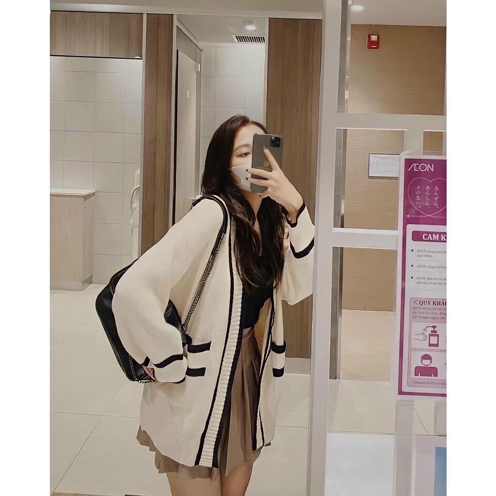 Áo Khoác Cardigan Len Nữ Chạy Sọc Túi Trước Dáng Dài Cúc Cài