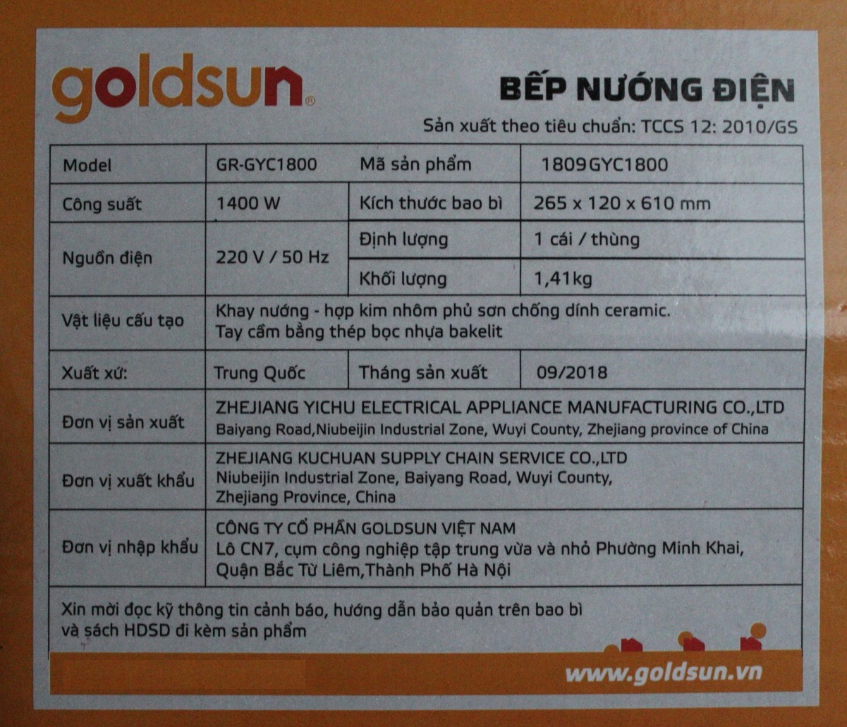 Bếp Mâm Vỉ Nướng Điện Vân Đá (44x26cm) Goldsun GR-GYC1800 - Chính Hãng