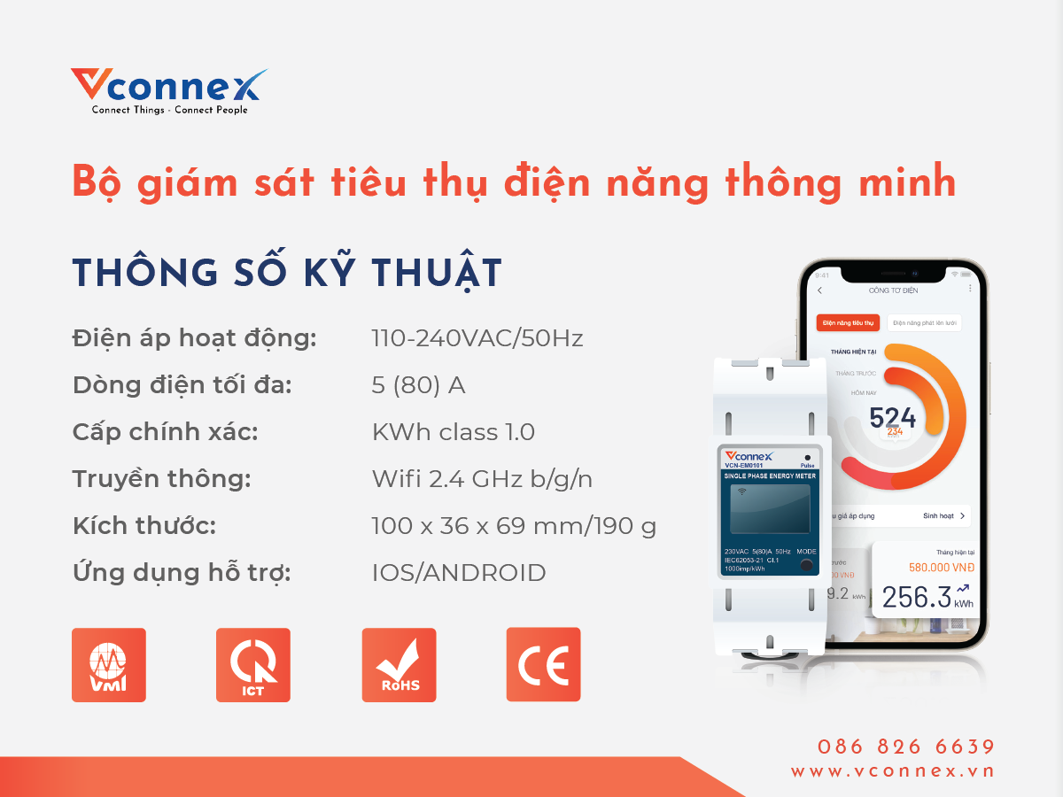 Công tơ điện tử wifi thông minh 1 pha- Bộ theo dõi tiêu thụ điện năng Vconnex