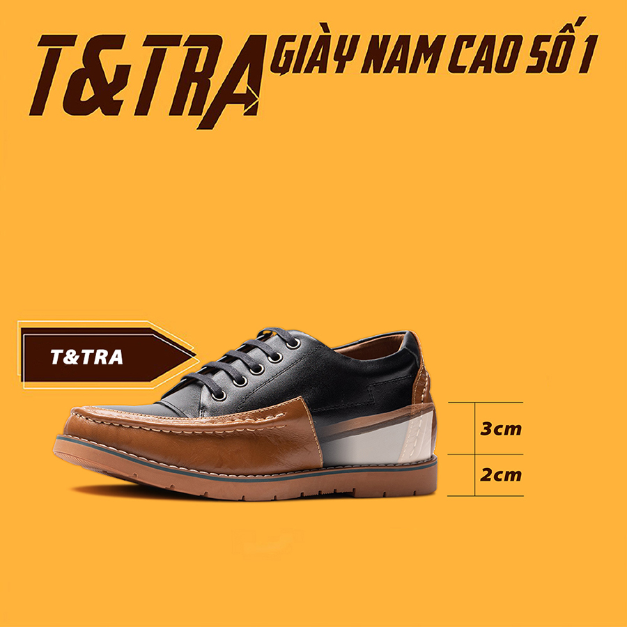 Giày Độn Nam T&TRA Tăng Cao 5Cm- T71 Đen Nâu - Chất Liệu Da Bò Cao Cấp, Đế Cao Su Đúc , Phần Tăng Cao Ẩn Bên Trong