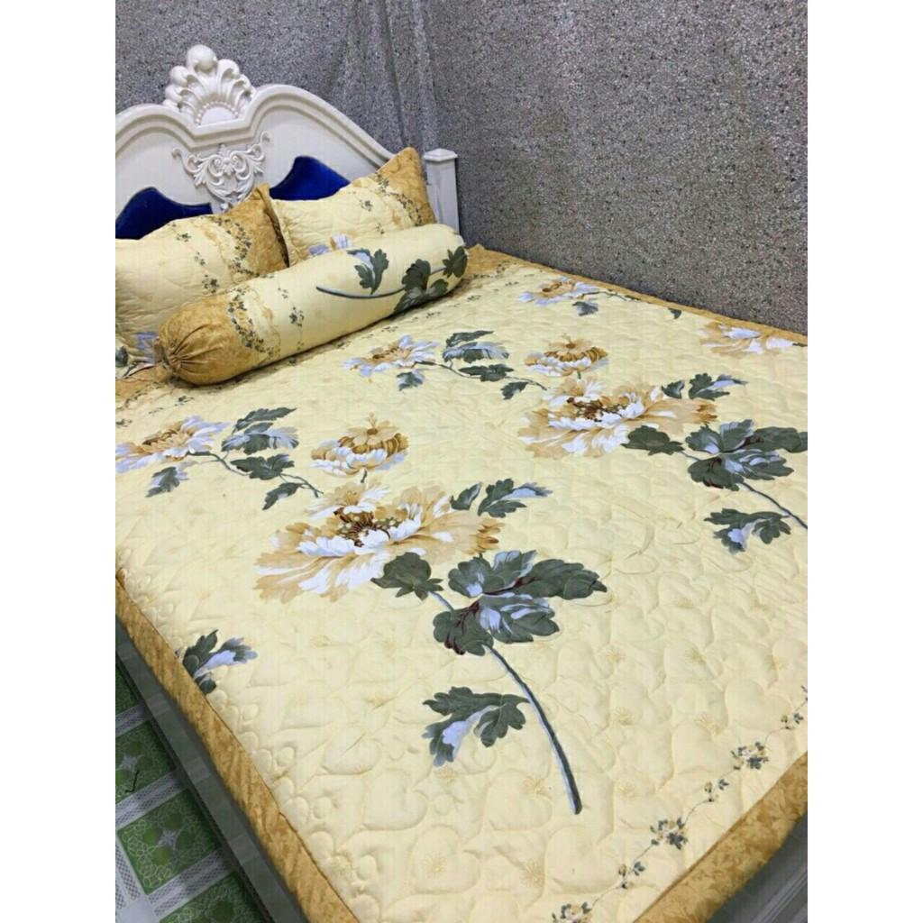 Trọn bộ chăn ra vỏ gối cotton poly 5 món 1m6 2m mẫu cúc vàng