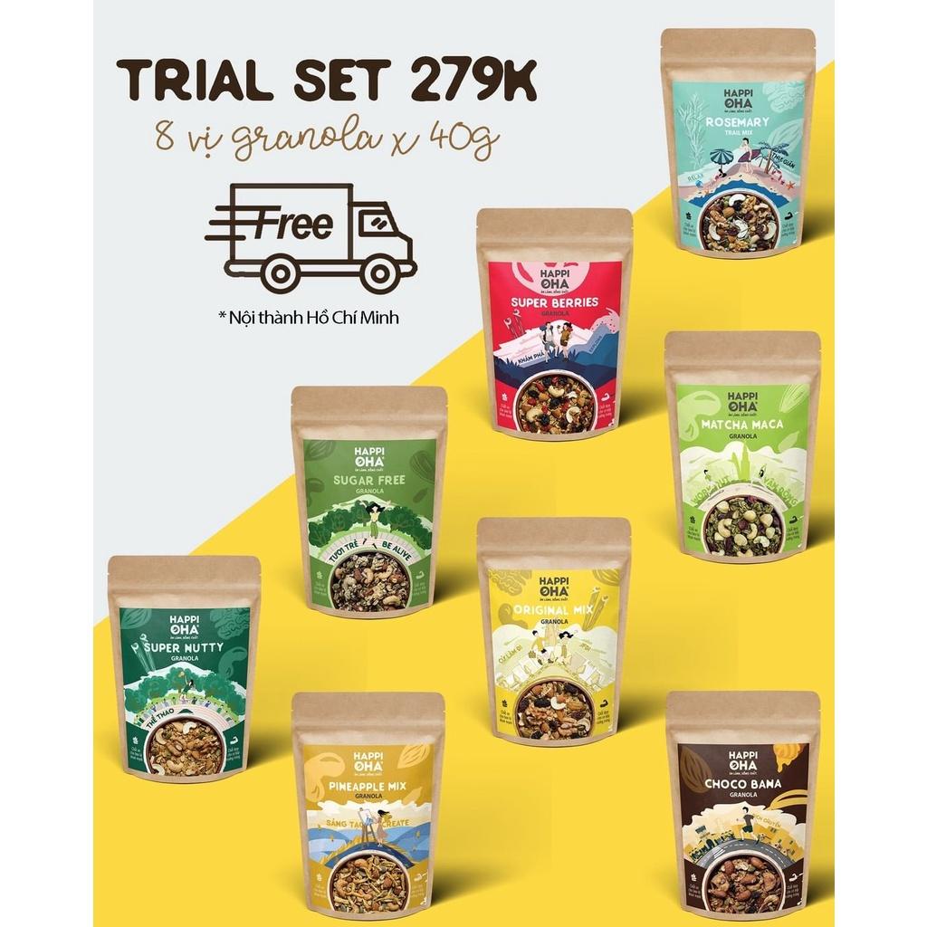 Set ăn sáng đong đầy HAPPI OHA gồm 6 sản phẩm granola, bánh gạo, bơ đậu phộng, biscotti, yến mạch, hạt chia