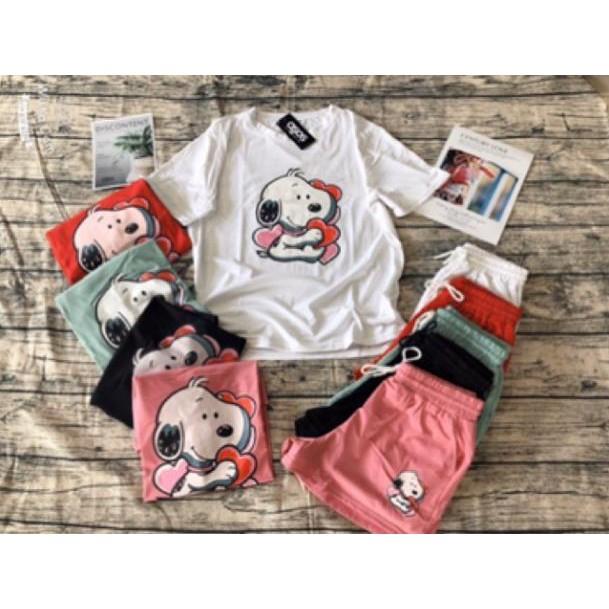 Bộ thun cộc tay quần short đùi in hình chú chó snoopy cute ngộ nghĩnh