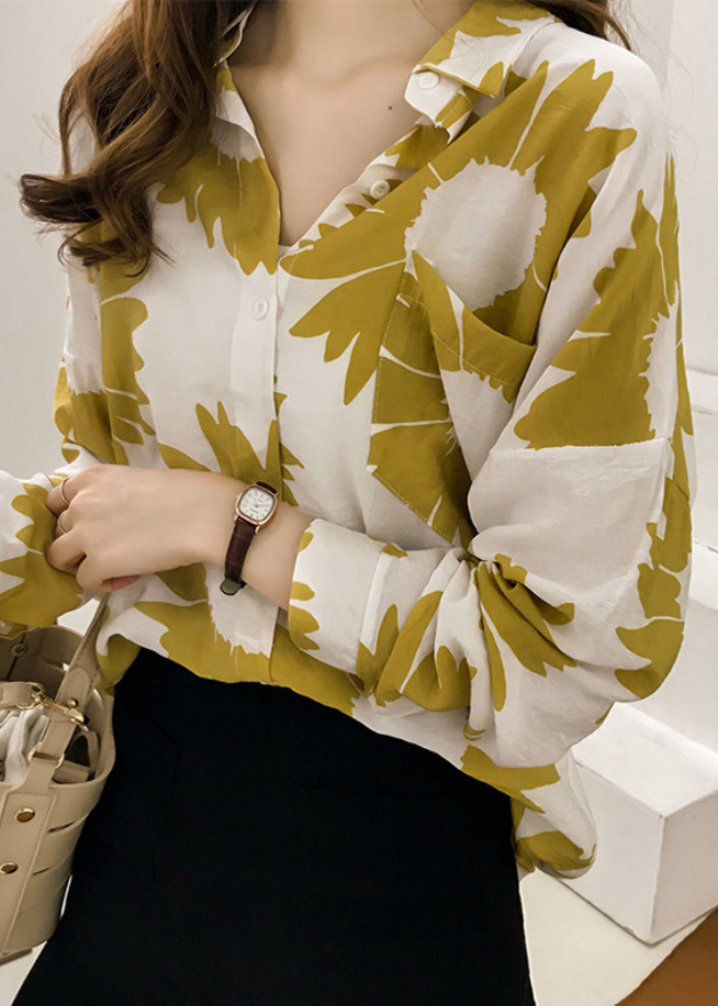 Áo sơ mi nữ form rộng in hoa hướng dương