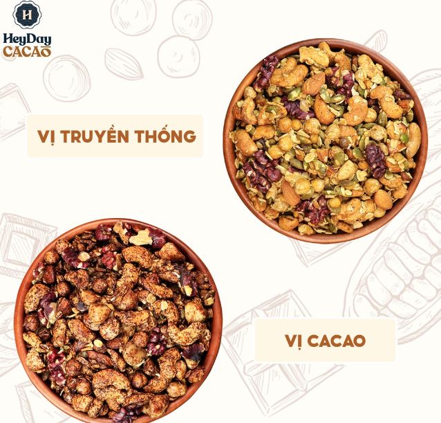 Granola nướng giòn tan - Dùng mật dừa nước, 0 trái cây sấy, GI thấp - Hạt ngũ cốc giảm cân - HeydayCacao - Vị Cacao