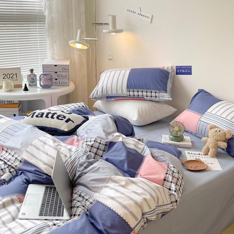 Bộ Chăn Ga Gối Cotton Living 100%Cotton Hàng Nhập Khẩu Cao Cấp 4 Món Kẻ Ô Hiện Đại