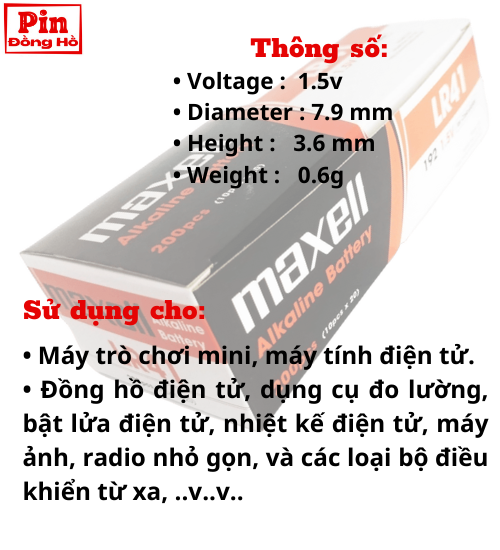 Pin Maxell LR41 1 vỉ 10 viên [pin maxell, pin lr41, pin 41