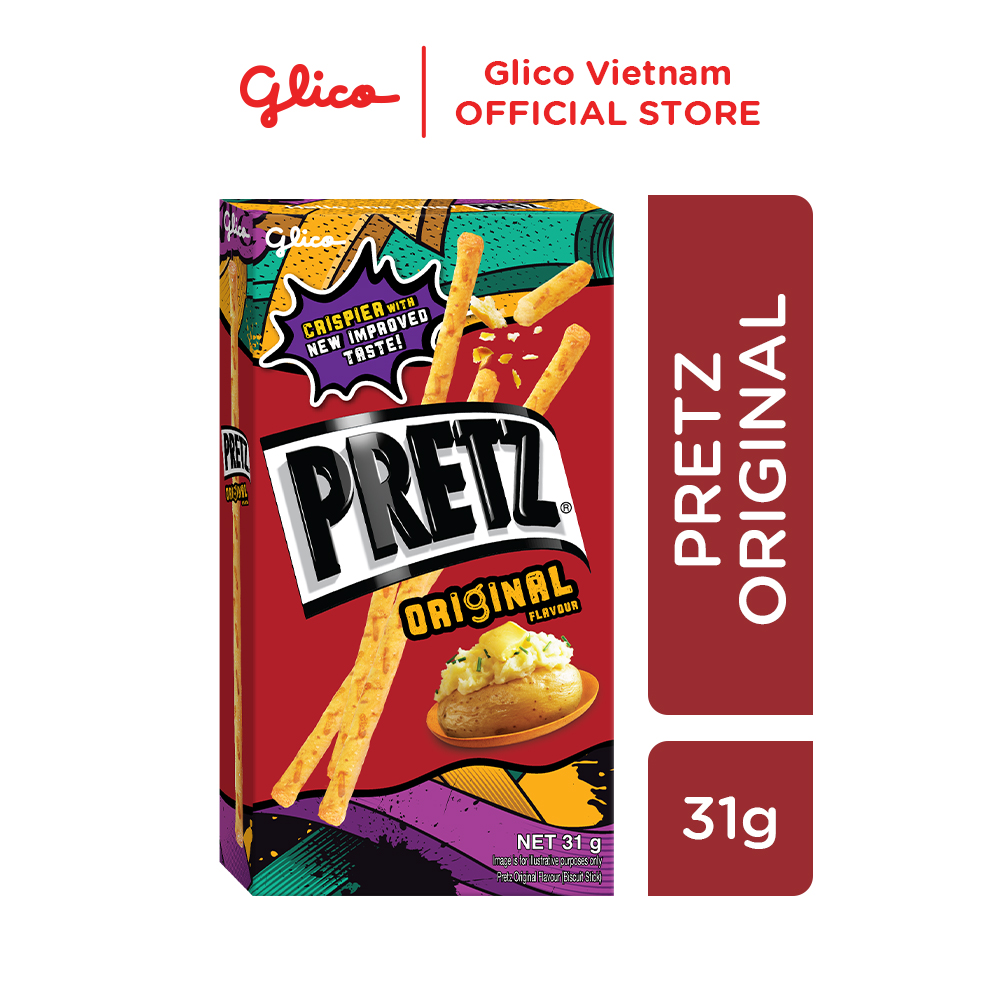 Bánh que nướng giòn 4 vị GLICO Pretz (Combo 10 hộp - 3 khoai tây 3 BBQ Gà 2 Pizza 2 Bắp)