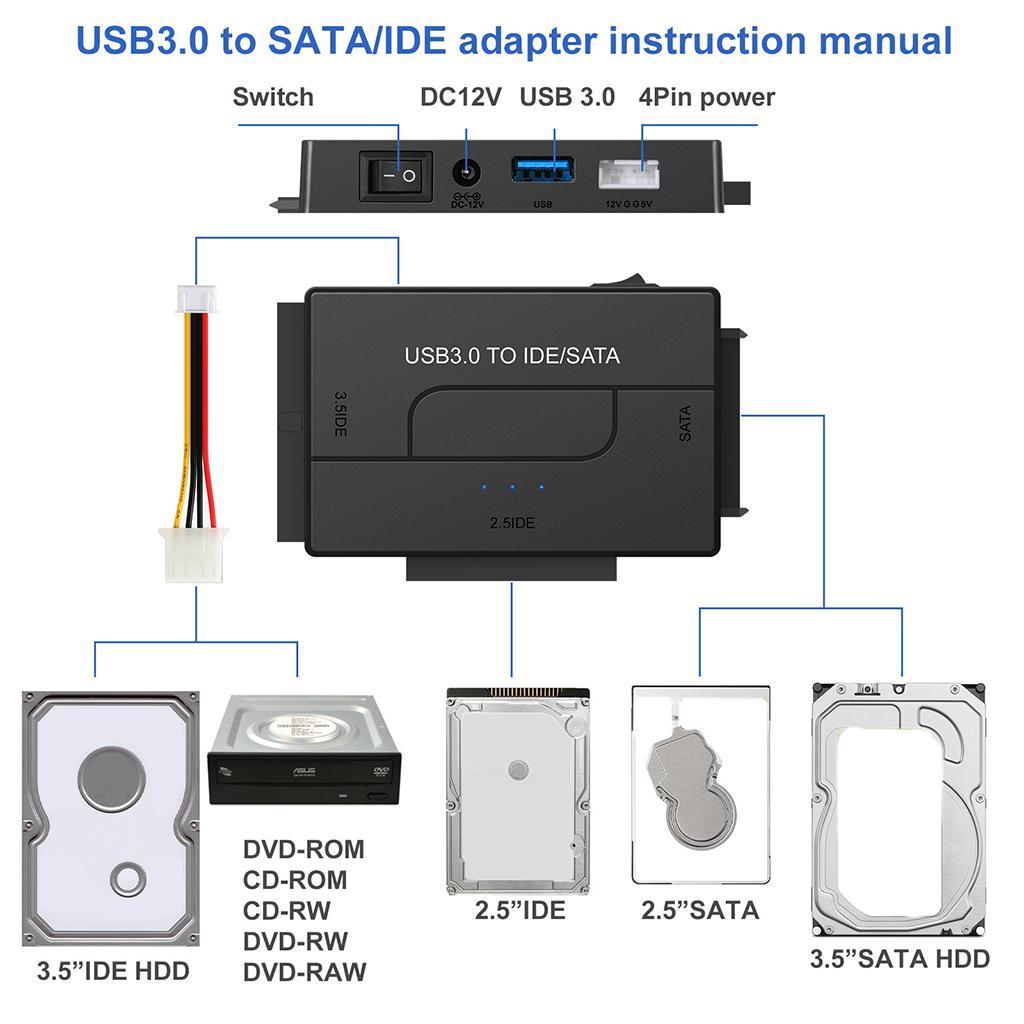 External SATA/IDE to USB 3.0 Adapter IDE SATA Adapter Compatible with USB 1.1/2.0 DC Power 12V Kit for 2.5"/3.5" Inch IDE and SATA HDD