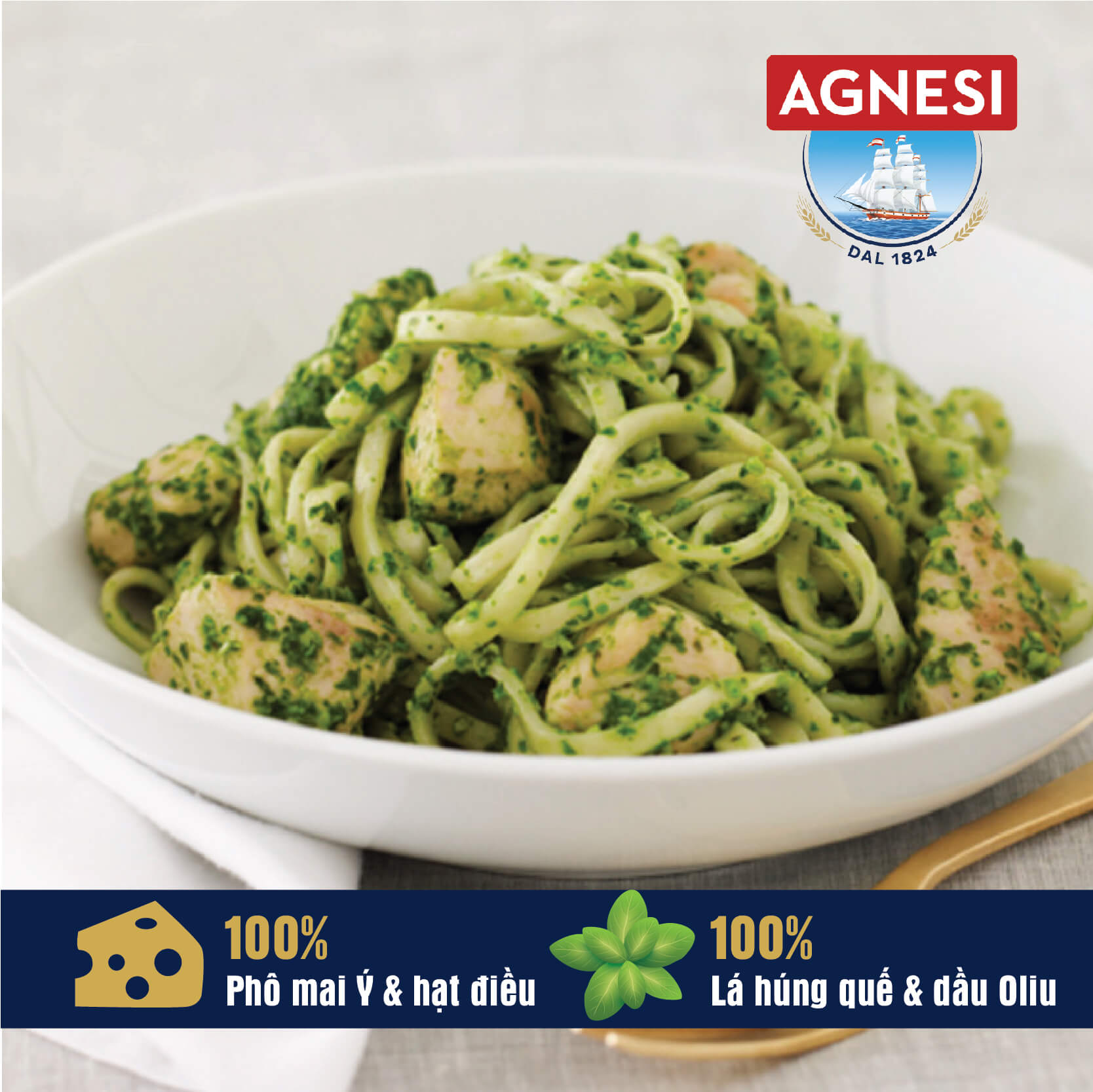 Sốt Pesto Alla Genovese Agnesi 185g truyền thống của Ý chứa dầu Oliu và hạt điều, phô mai, nhập khẩu Ý