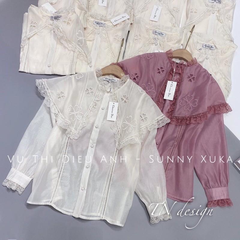 Áo sơmi cổ sen thêu viền ren