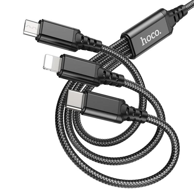 Cáp sạc nhanh 3 đầu Hoco X76 2A, dây sạc bọc dù đa năng, phù hợp với mọi loại dt hàng chính hãng
