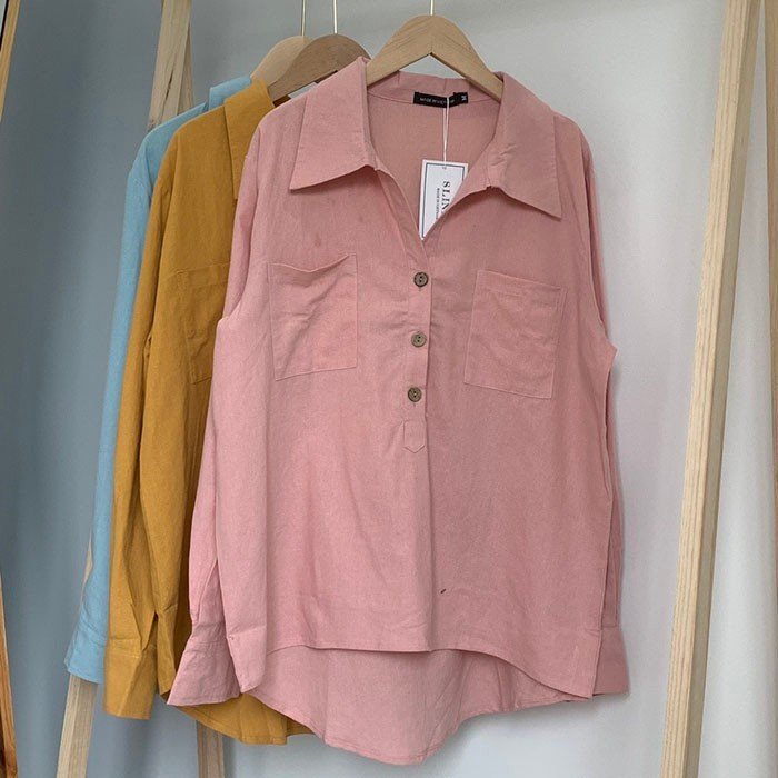 Áo sơ mi nữ dài tay form rộng trễ vai Linen thô Hàn cổ đức bổ trụ trẻ trung mềm mát