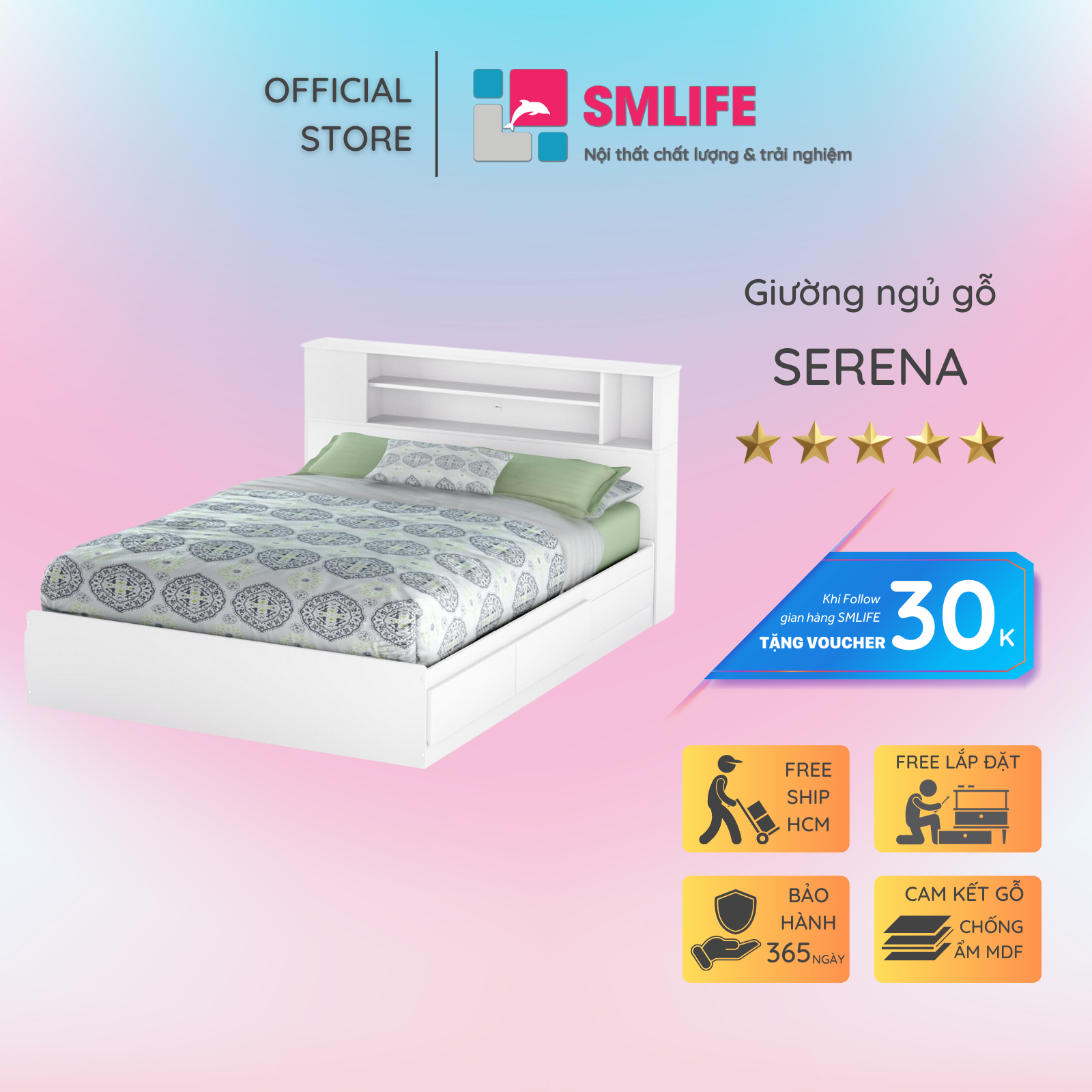 Giường ngủ gỗ hiện đại SMLIFE Serena | Gỗ MDF dày 17mm chống ẩm | D205xR165xC100cm