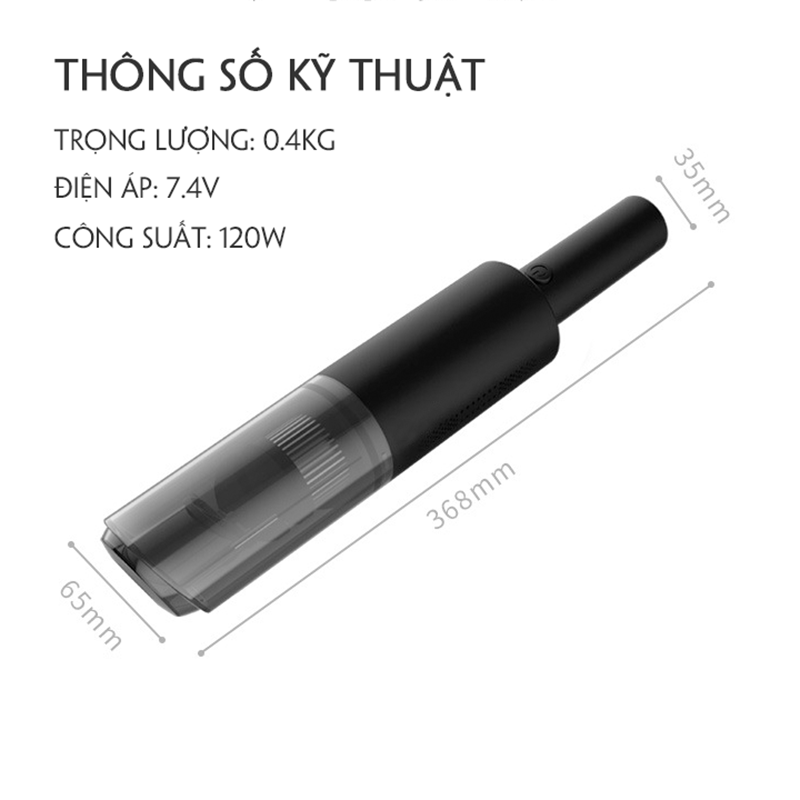 Máy hút bụi ô tô không dây 120w cao cấp, pin sạc nhanh, thiết kế dẫn khí 2 mặt, vách ngăn bụi mềm mịn