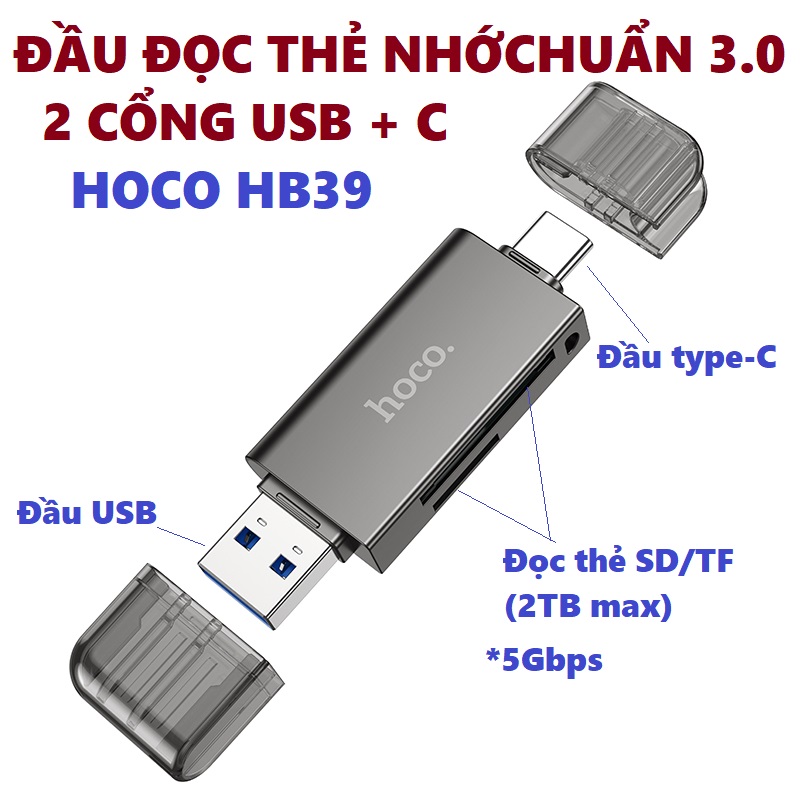 Đầu đọc thẻ nhớ đa năng chuẩn 3.0 hai đầu kết nối Usb và type C cho điện thoại laptop hoco HB39 _  hàng chính hãng