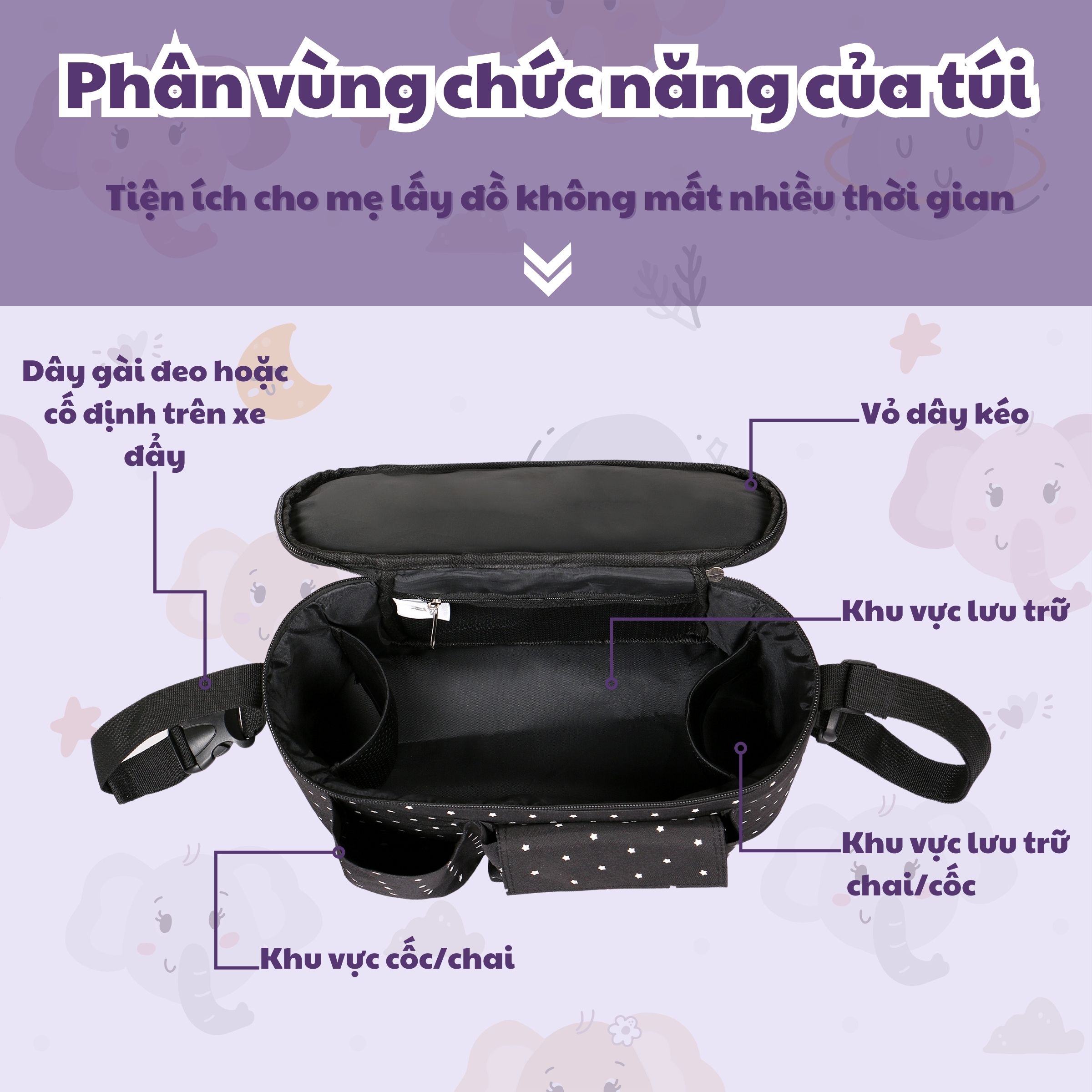 Túi treo xe đẩy/ túi đựng đồ Miracle Baby cho bé họa tiết ngôi sao đa di năng, tiện ích