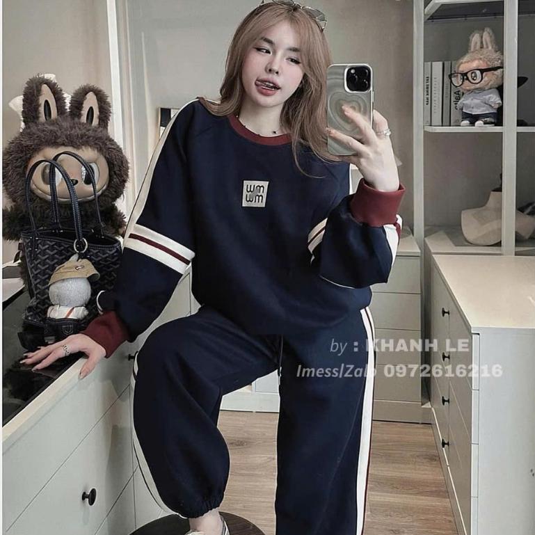 set thu đông nữ,áo mùa đông phối viền sọc in chữ miu miu mix quần nữ ống rộng bo chân T130 BY JOLIE