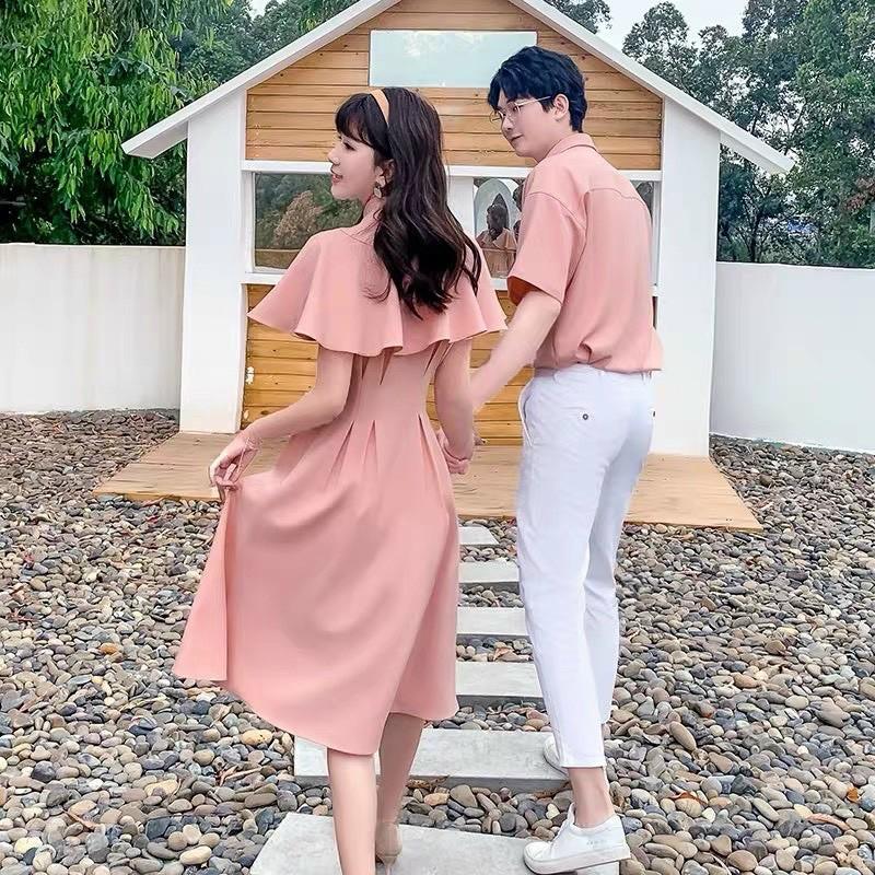 Sét áo đầm đôi sơ mi Hàn quốc đi biển chụp hình cưới, đồ cặp đôi màu hồng pastel ngọt ngào - Smice House