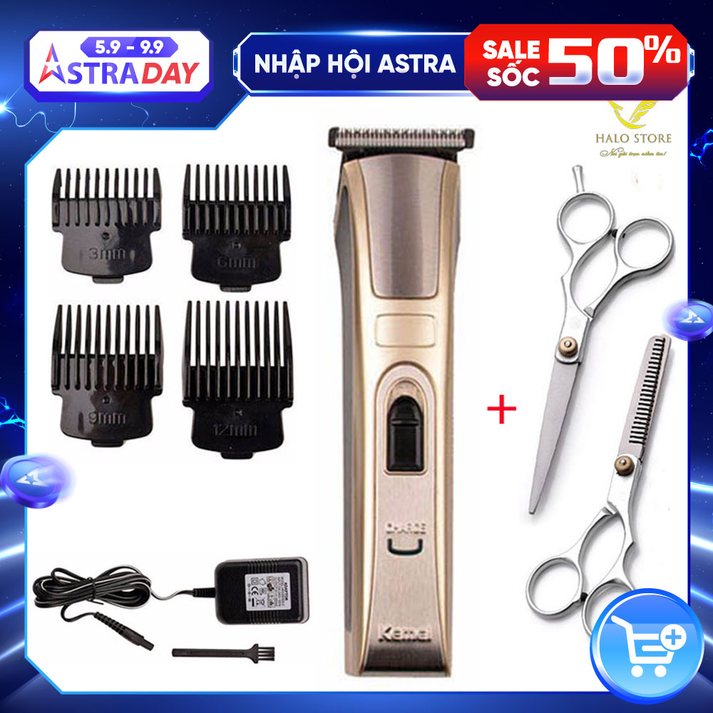 Tông Đơ Cắt Tóc Kemei 5017 Công Suất 5W Tặng Bộ Kéo Hớt Tóc - Máy Cắt Tóc Đa Năng Lưỡi Sát Có Thể Chấn Viền - Hàng Chính Hãng