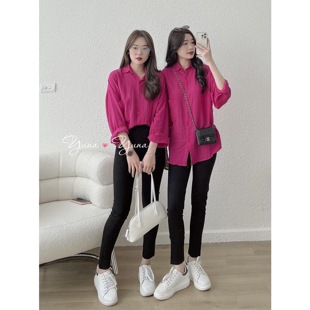 Áo sơ mi nữ Maika màu hồng chất liệu đũi cao cấp mềm mịn form rộng siêu mát, thời trang nữ YUNA
