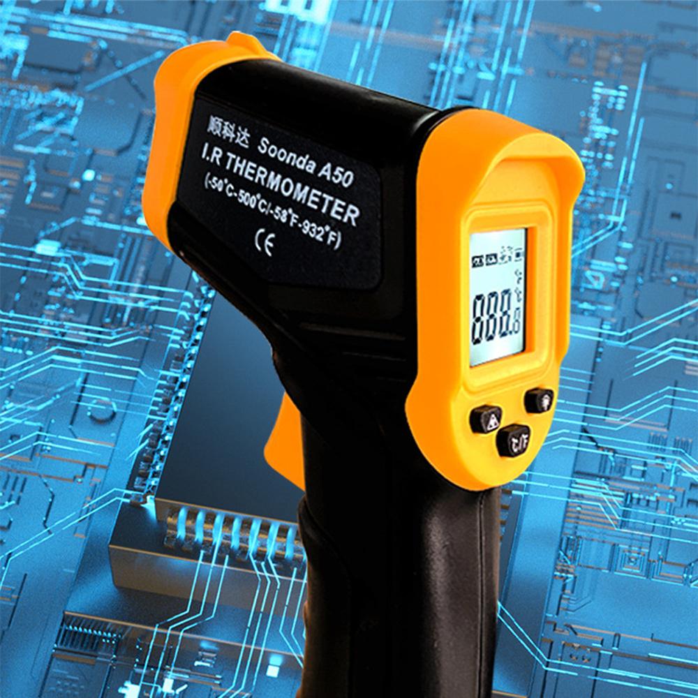 "-50℃~500℃ Handheld Infrared Temperature Meter LCD Display with Backlight Non-contact Temperature Meter ℃/℉ Units Switching Home Household Cooking Oven Temperature Meter