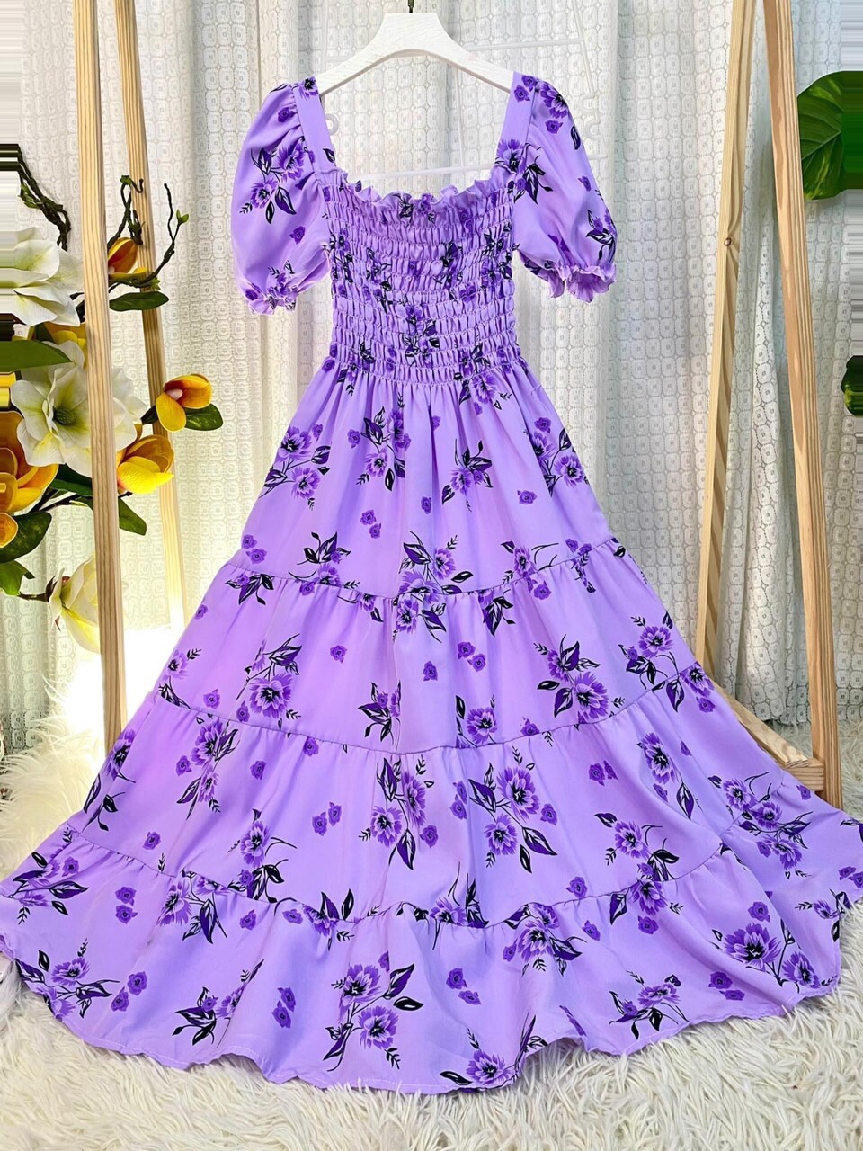 Váy Tay Phồng hoa , Đầm Hoa Dạo Phố Nhúng Tầng Đủ Size Từ 38-70kg