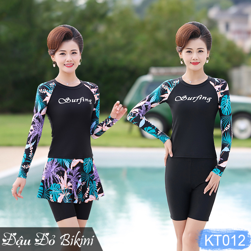 Đồ bơi dài tay cho mẹ và bà, Bikini 3 chi tiết cho tuổi trung niên, quần short lửng rời mix cùng chân váy, chất thun bơi lạnh đẹp | KT012