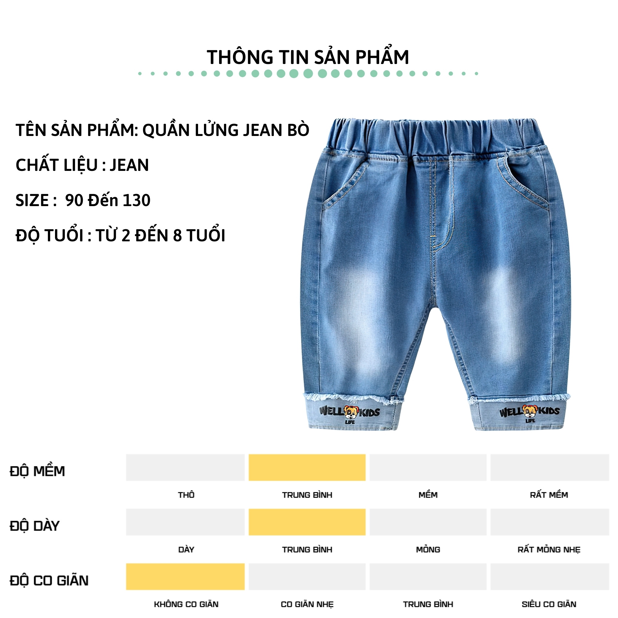 Quần lửng jean bé trai 27Kids WELLKIDS Quần short đùi bò mềm lưng chun nam cho trẻ từ 2-8 tuổi BSJE2