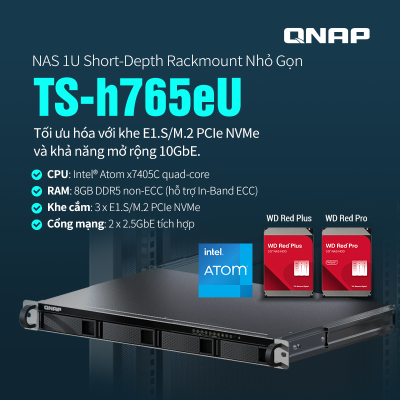 Thiết bị lưu trữ Nas QNAP, Model: TS-h765eU-8G-Hàng chính hãng