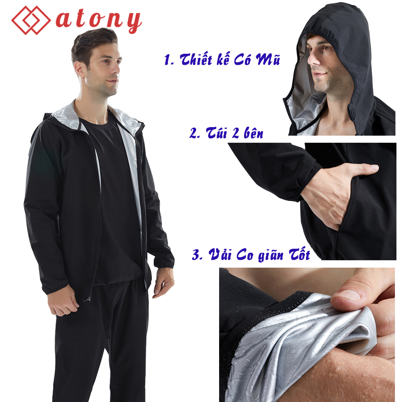Bộ Quần Áo Ép Cân Nam ATONY Cao Cấp, Tăng Tốc Đổ Mồ Hôi, Sinh Nhiệt, Tráng Nano Bạc Nhật Bản (Áo Khoác Có Mũ + Quần Đùi)