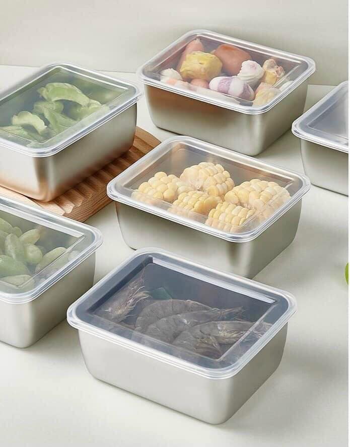 Hộp Đựng Thực Phẩm Tủ Lạnh, Đồ Ăn Bằng Inox 304 Có Nắp Nhựa Kèm Theo Tiện Lợi