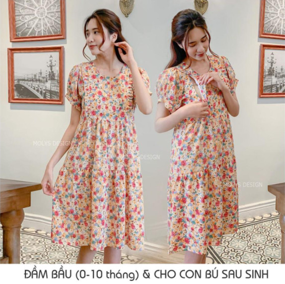 Đầm bầu kết hợp cho con bú sau sinh dáng babydoll ba tầng hoa nhí bèo ngực MOLYS VM6644 cúc điều chỉnh mặc hết thai kỳ