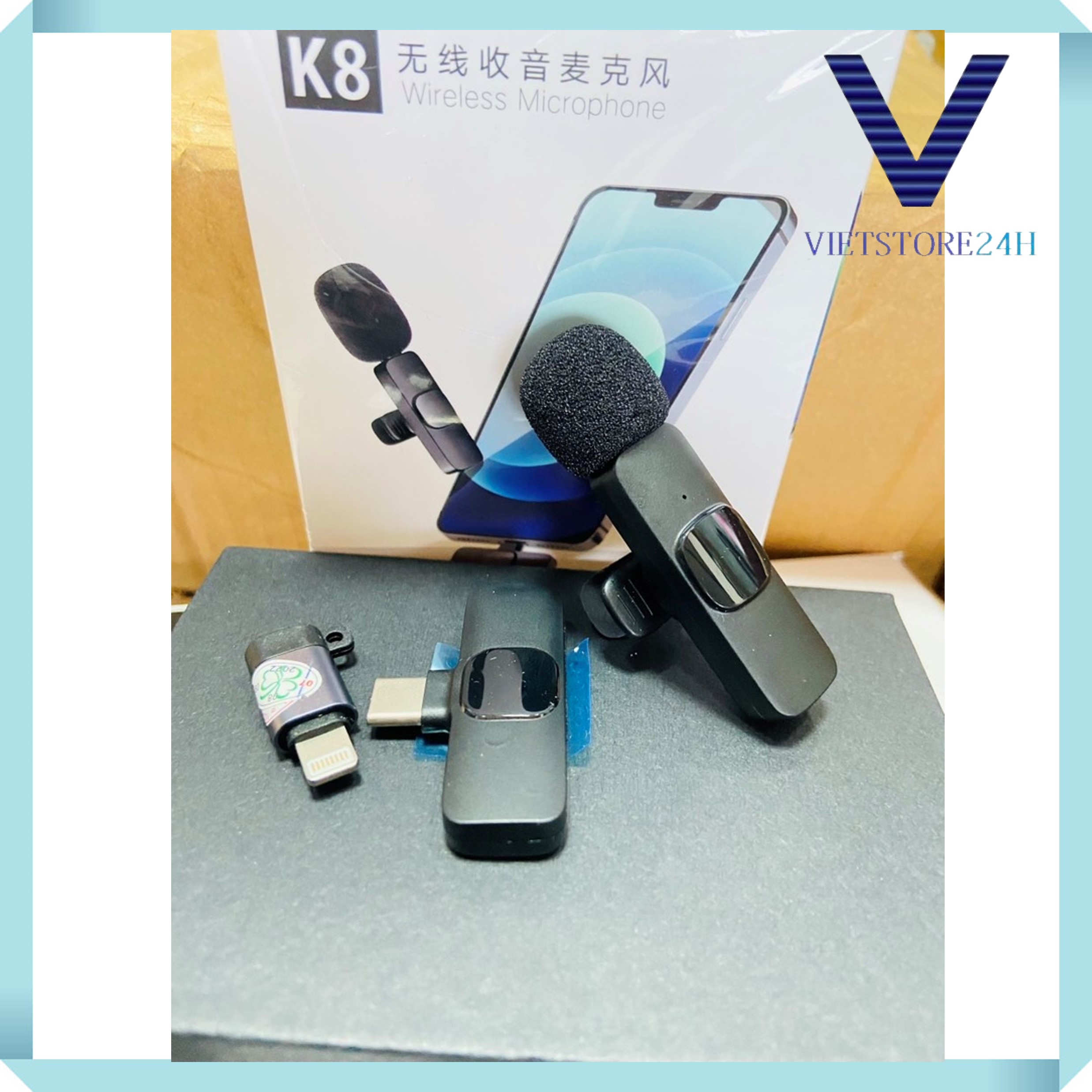 Mic Thu Âm Cài Áo Không Dây K8-1 Dùng Cổng TYPE-C Và Đầu Chuyển Cho Aiphone Thích Hợp Cho Livestream, Thu Âm, Quay Video