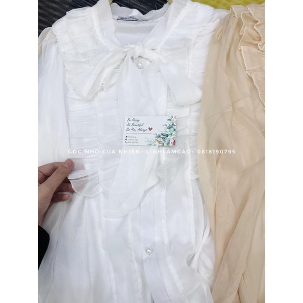 Áo Sơ Mi Nữ Voan Tơ Cổ Viền Bèo Phối Nơ Xinh