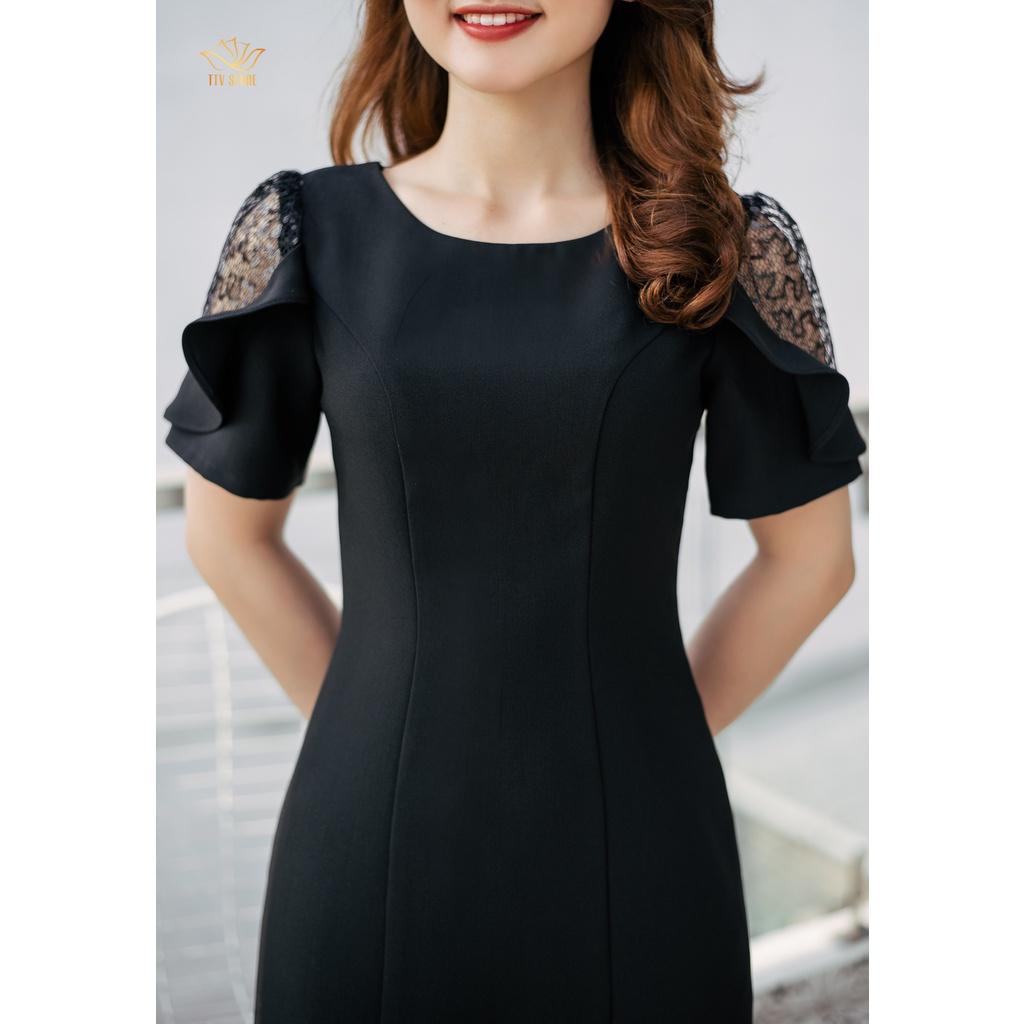 Đầm suông đen công sở, đầm thiết kế cổ tròn tay phối ren - Đen - TTV865 - TTV Store