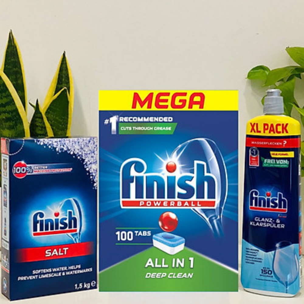 Combo Viên rửa bát fnish All in one 100 viên+Dung dịch nước làm bóng finish 750ml+Muối rửa bát chén finish 750ml cho Máy rửa bát