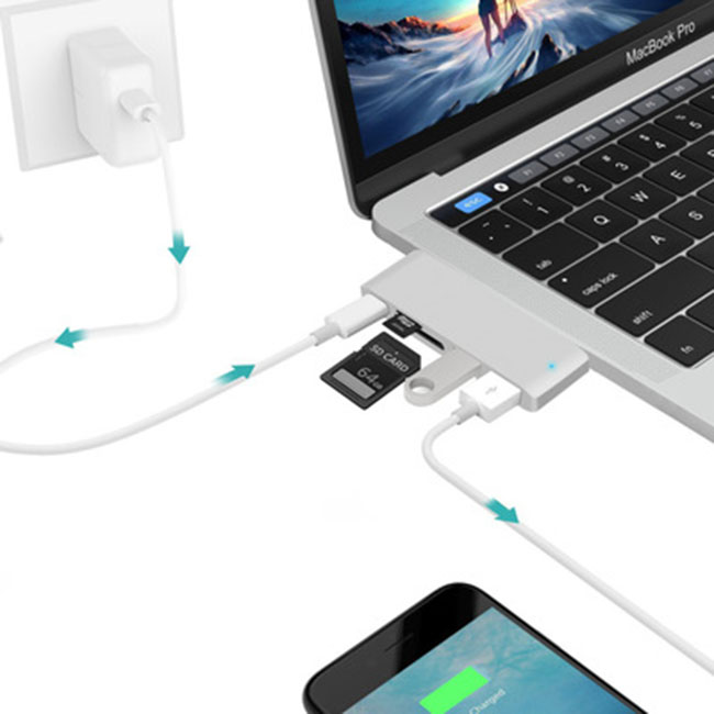 Hub chia USB Type-C 6 Cổng sang SD/TF/ USB 3.0 hỗ trợ sạc USB-C-US02-Hàng Chính Hãng