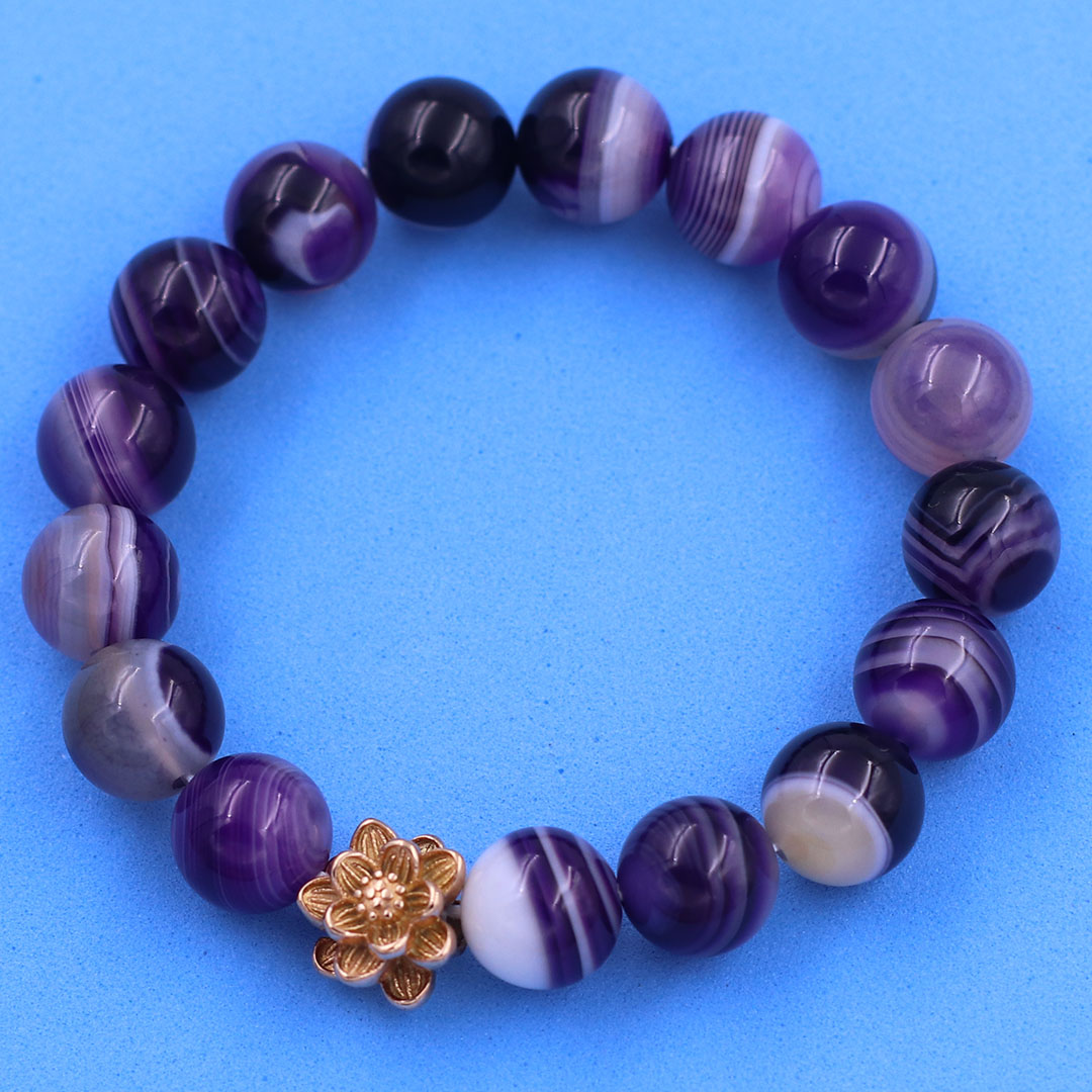 Vòng chuỗi đeo tay mã não tím sọc 12 ly charm hoa sen inox hồng, vòng chuỗi phong thuỷ, bông sen inox, vòng chuỗi hạt, vòng chuỗi tay charm bông sen inox