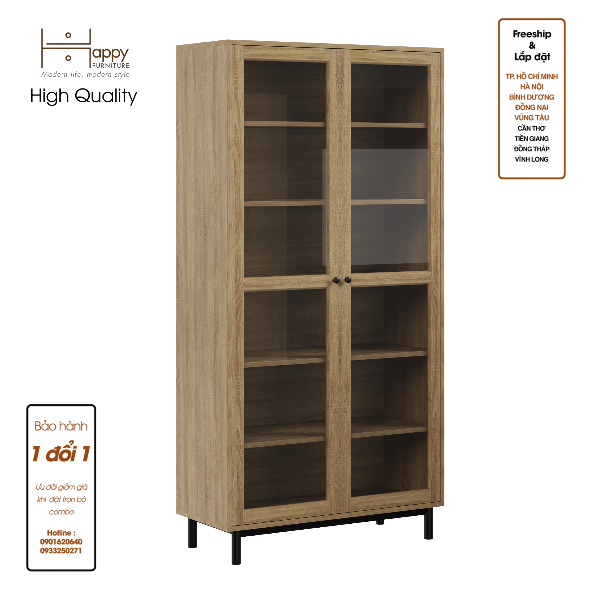CATY , Kệ sách 6 tầng cửa kính - chân sắt , 90cm x 39cm x 180cm , KSA_021