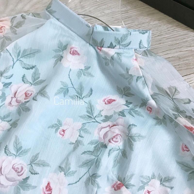 Hàng thiết kế️️Áo dài tơ 4 tà màu hoa xanh chất đẹp