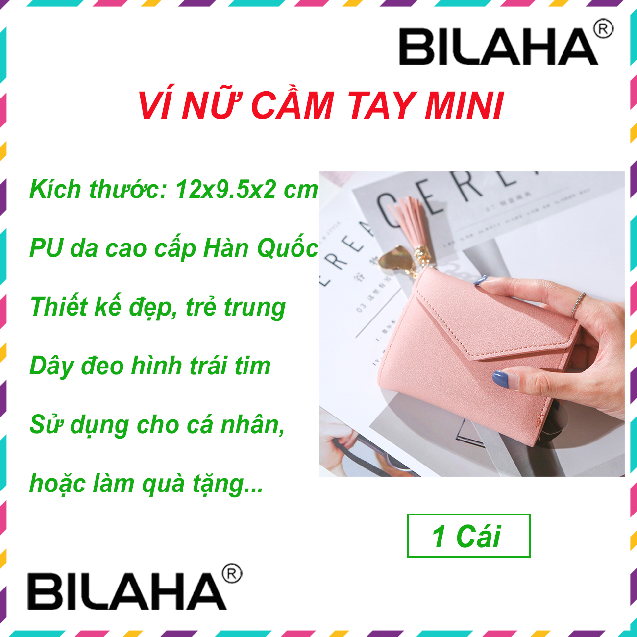 Ví Nữ Mini Ngắn Cầm Tay Phong Cách Hàn Quốc phụ kiện dây đeo trái tim