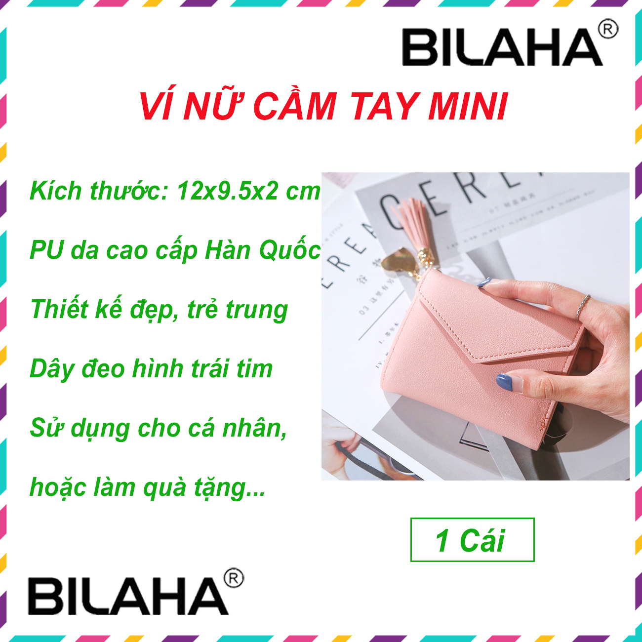 Ví Nữ Mini Ngắn Cầm Tay Phong Cách Hàn Quốc phụ kiện dây đeo trái tim (có hàng sẵn) (Hàng Chính Hãng)