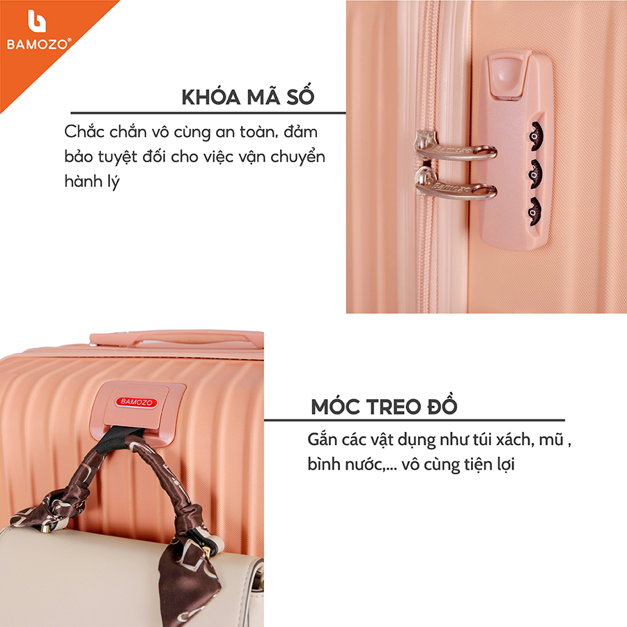 Vali du lịch BAMOZO 8801 MÀU HỒNG NHẠT size 20/24, vali kéo nhựa được bảo hành 5 năm