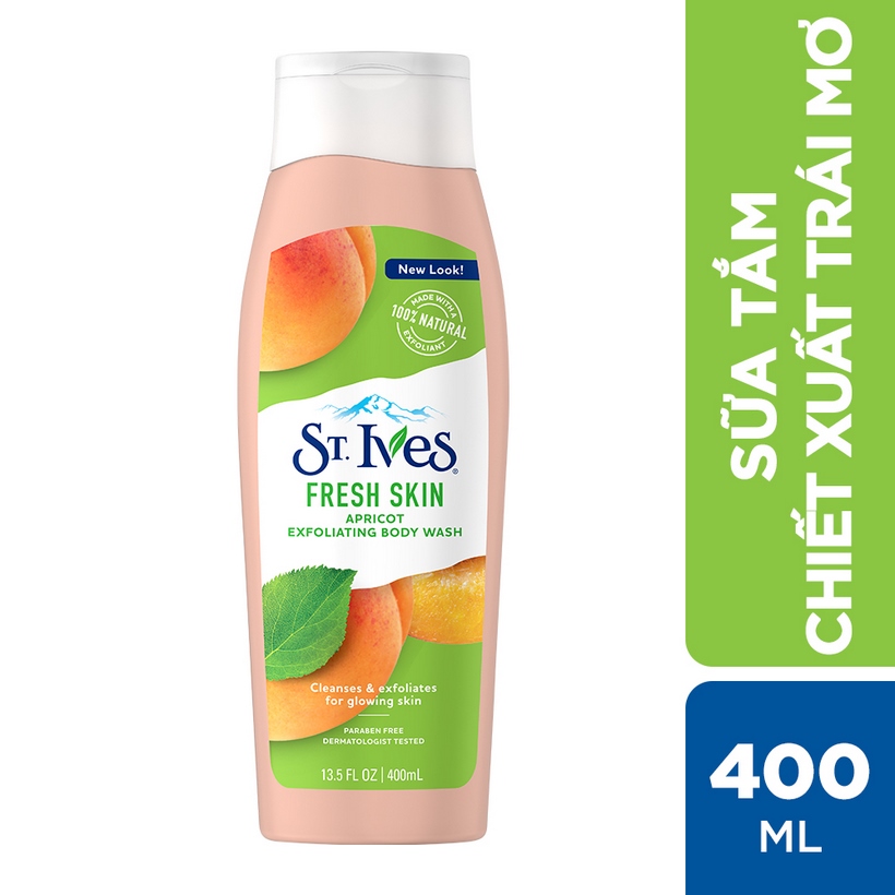 Bộ sữa tắm St.Ives Chiết Xuất Trái Mơ (400ml x 2) + Sữa rửa mặt St.Ives Trà Xanh 170g