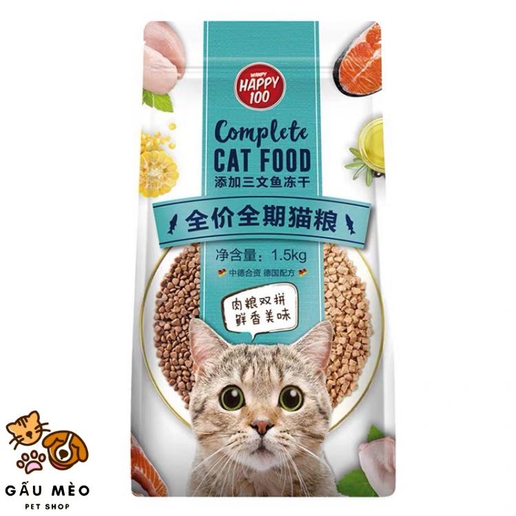 Hạt Cho Mèo, Thức Ăn Dành Cho Mèo Gầy Hãng Wanpy Happy 100, Vị Cá Hồi Và Vị Gà 1,5kg