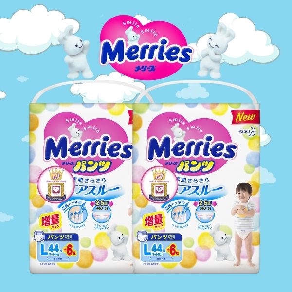 Combo 2 Tã/bỉm quần Merries size L - 44 + 6 miếng (Cho bé 9 - 14kg)